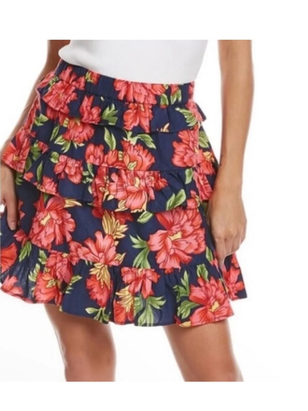 Walter Baker Navy Blue Floral Ruffle Tiered Cotton Stretch Waist Mini Skirt Larg